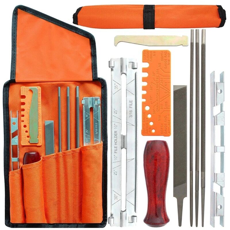 foto del prodotto set di 10 lime per affilare la catena della motosega con lima rotonda, guide per affilatura, calibro di profondit , borsa in tessuto