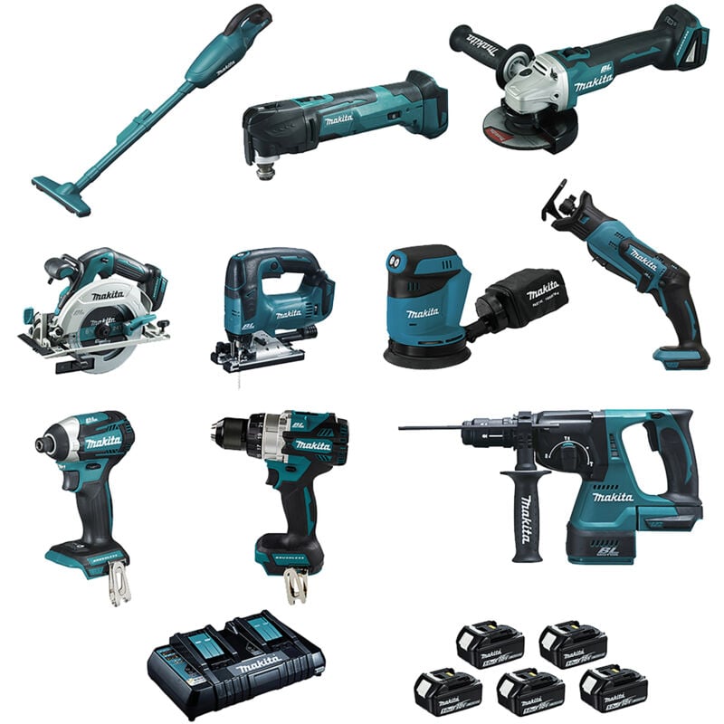 foto del prodotto set di 10 macchine 18v dcl180 dhp486 dtd154 dga506 dhs680 dhr243 dtm51 djr183 djv182 dbo180 makita con 5 batterie 18v 5ah e