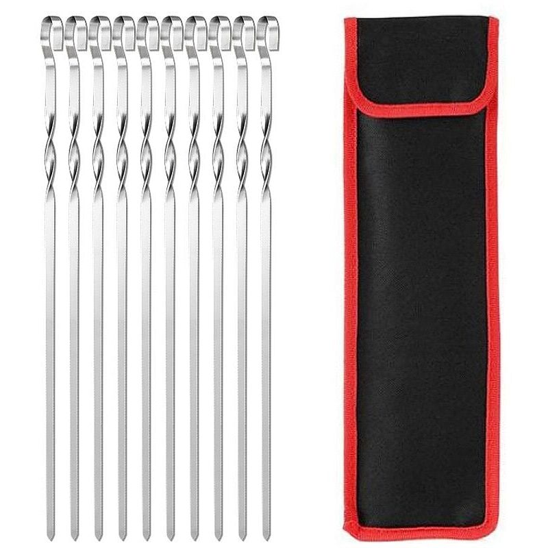 foto del prodotto set di 10 spiedini in acciaio inox per barbecue, spiedini piatti in metallo da 40 cm