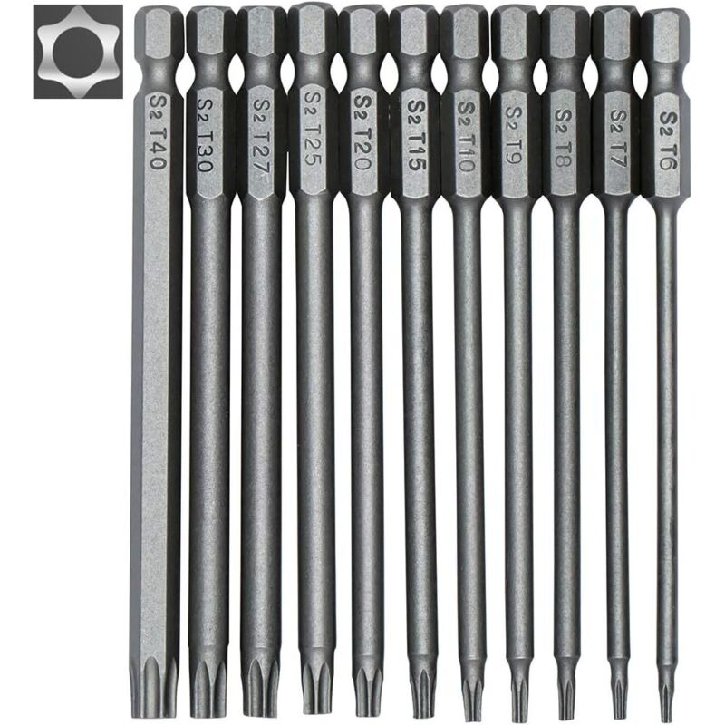 foto del prodotto set di 11 punte per cacciavite torx lunghe, punte magnetiche, attacco esagonale da 1 4 , misure da t6 a t40, lunghezza 100 mm lablanc