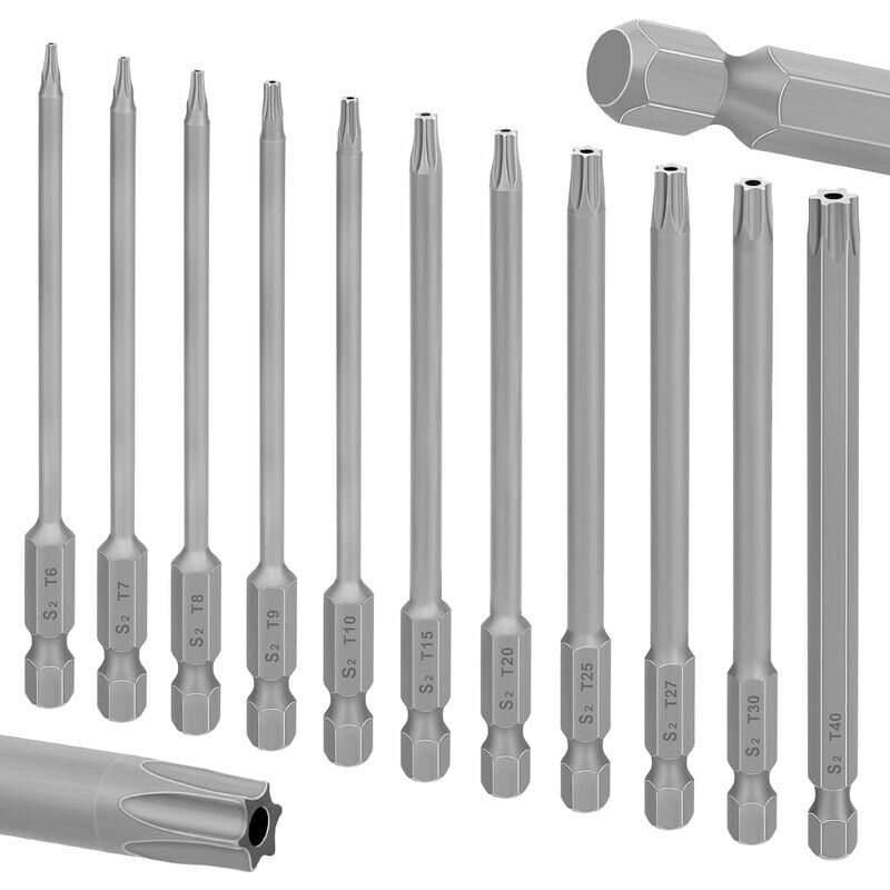 foto del prodotto set di 11 punte torx lunghe, punte magnetiche, lunghezza 100 mm, gambo esagonale da 1 4 di pollice, inserto per cacciavite torx in acciaio s2 t6 t40