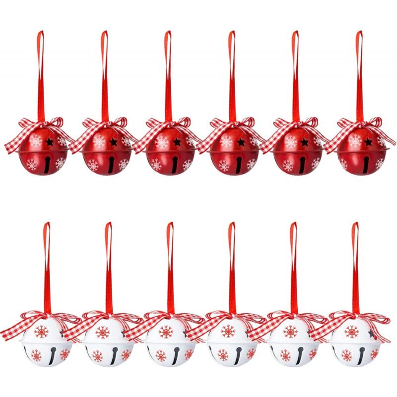 foto del prodotto set di 12 campanelli di natale e jingle bells, decorazioni per l albero di natale, motivo a fiocco di neve, ornamenti pendenti jingle bell rossi e