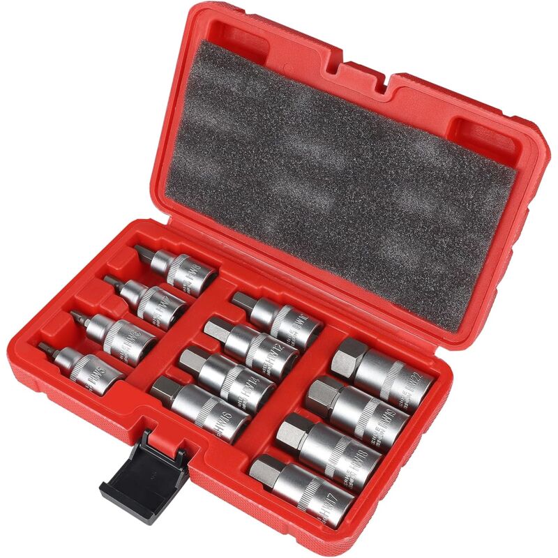 foto del prodotto set di 12 chiavi a bussola allen da 1 2 , esagono incassato da 5, 6, 7, 8, 10, 12, 14, 16, 17, 18, 19, 22 mm, con custodia in plastica, set di chiavi