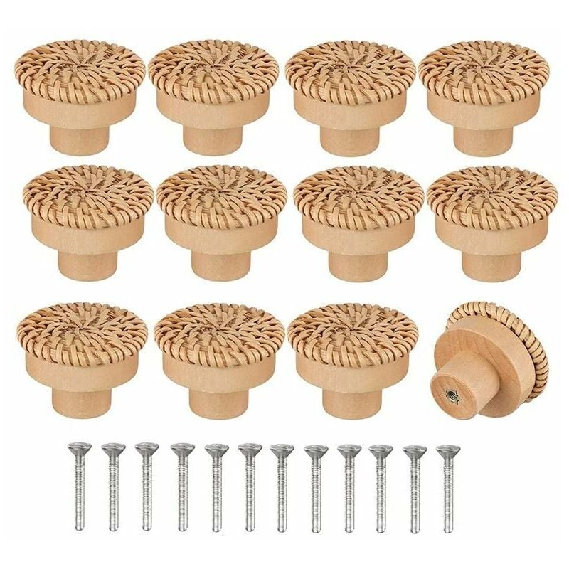 foto del prodotto set di 12 pomelli per cassettiera in rattan in stile boh mien fatti a mano viti incluse adatti per mobili, cassetti e armadi in legno
