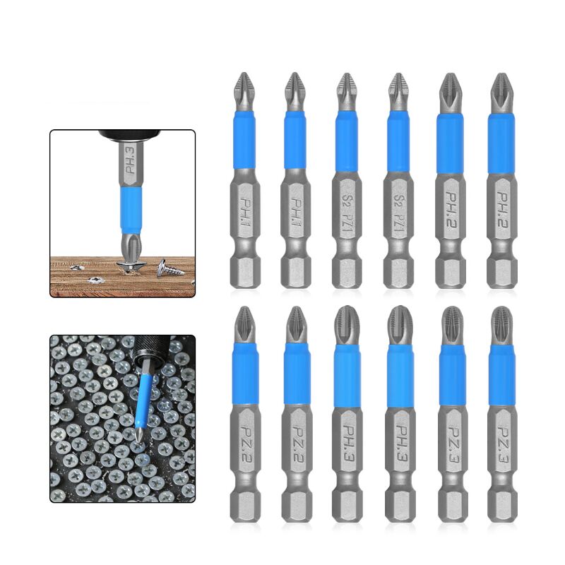 foto del prodotto set di 12 punte per cacciavite magnetico in acciaio s2 con gambo esagonale da 1 4 , 50 mm, pz1 pz3, ph1 ph3, per cacciavite elettrico e trapano.