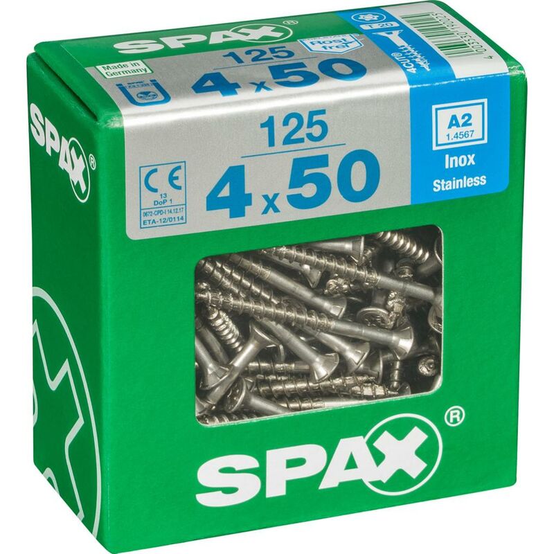 foto del prodotto set di 125 viti spax in acciaio inox testa svasata torx, diam.4 mm x l.50 mm spax