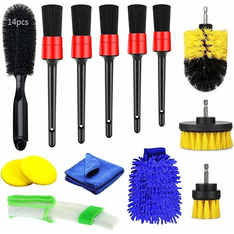 foto del prodotto set di 14 spazzole per la pulizia dell auto. kit professionale per la pulizia dell auto. spazzole per la pulizia dell auto. kit pulizia interni auto.