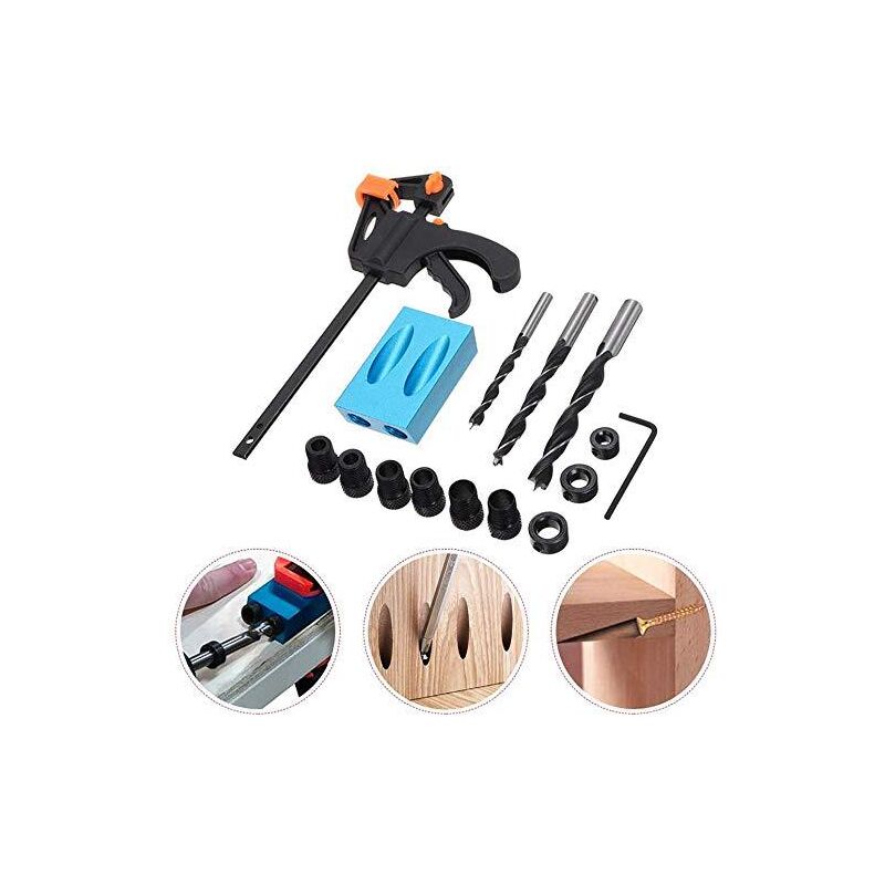 foto del prodotto set di 15 maschere di foratura inclinate con posizionatore per punte da trapano da 15 per lavorazione del legno, maschera per fori tascabili, guida