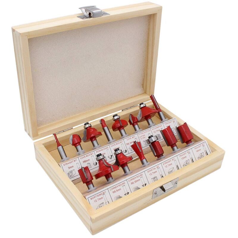 foto del prodotto set di 15 punte per fresa in carburo di tungsteno con gambo da 6,35 mm, per scanalature, per legno, con custodia in legno.