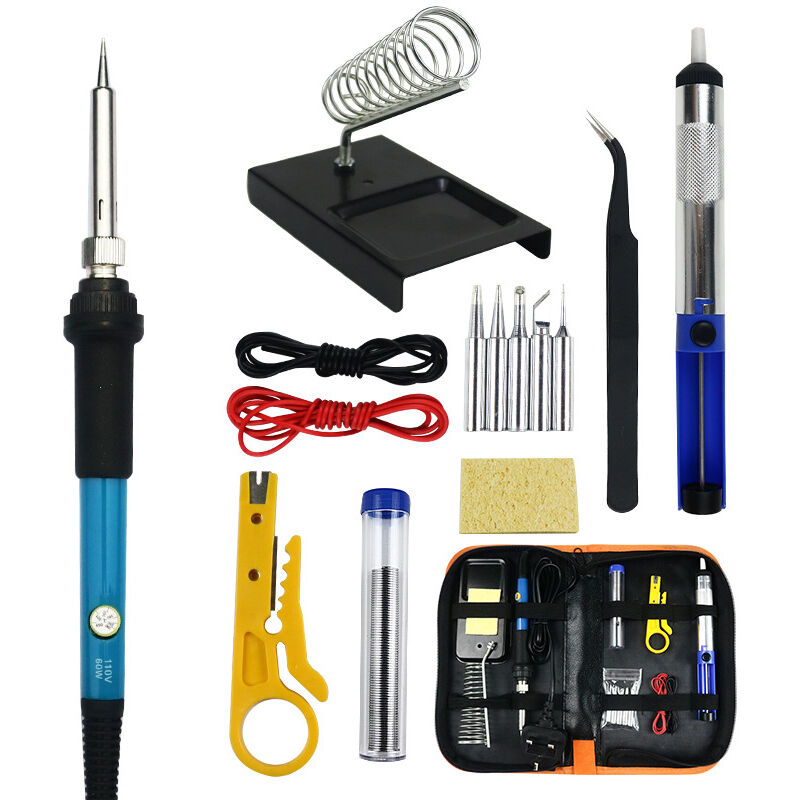 foto del prodotto set di 15 saldatori elettronici, utensile per saldatura a temperatura regolabile da 60 w, 5 punte per saldatura, pompa dissaldante, supporto per