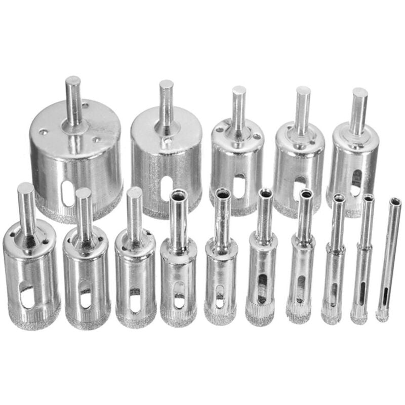 foto del prodotto set di 15 seghe a tazza diamantate, 6-50 mm, punte per trapano a corona cava per vetro e piastrelle, seghe a tazza per vetro, ceramica e porcellana