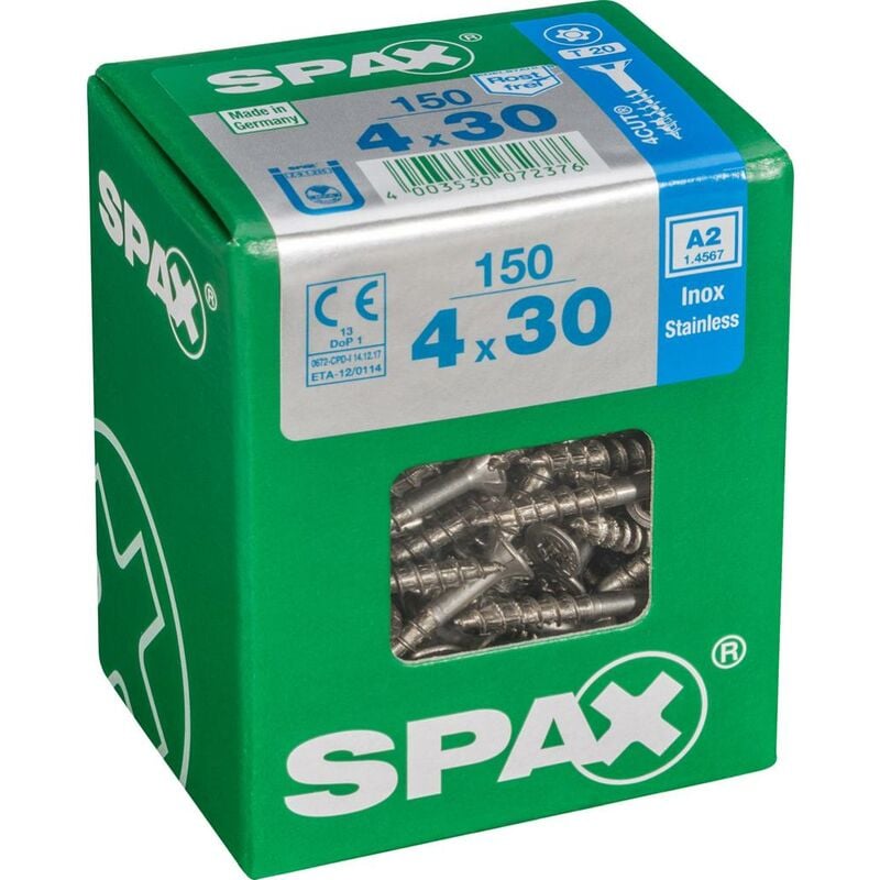 foto del prodotto set di 150 viti spax in acciaio inox testa svasata torx, diam.4 mm x l.30 mm spax