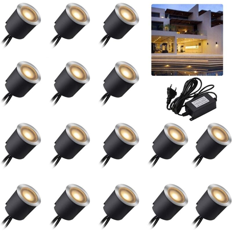foto del prodotto set di 16 faretti da incasso a led 12 v bianco caldo ip67 impermeabile 0,6 w diametro 32 mm per uso interno ed esterno 2800 k