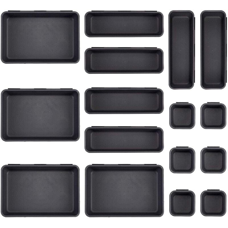 foto del prodotto set di 16 organizer per cassetti da scrivania, 3 vassoi di dimensioni diverse, organizer per trucchi in plastica, cassetti portaoggetti per posate,