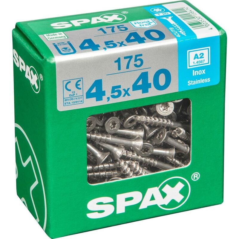 immagine 0 del prodotto set di 175 viti spax in acciaio inox testa svasata torx, diam.4,5 mm x l.40 mm spax
