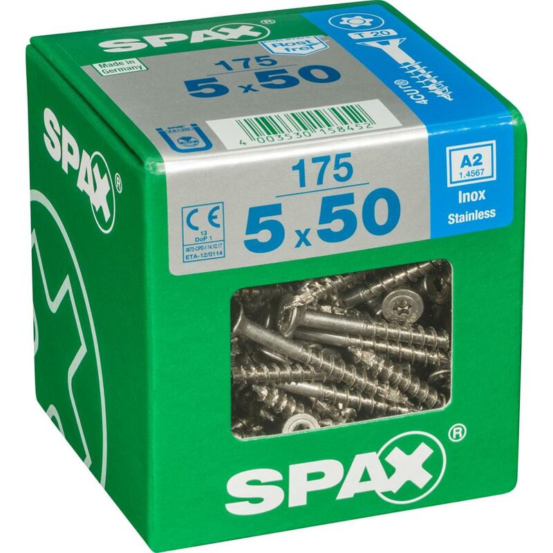foto del prodotto set di 175 viti spax in acciaio inox testa svasata torx, diam.5 mm x l.50 mm spax