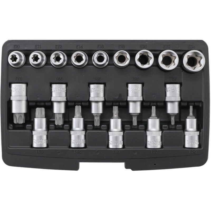 foto del prodotto set di 19 punte e bussole torx maschio da t20 a t70 femmina da e10 a e24