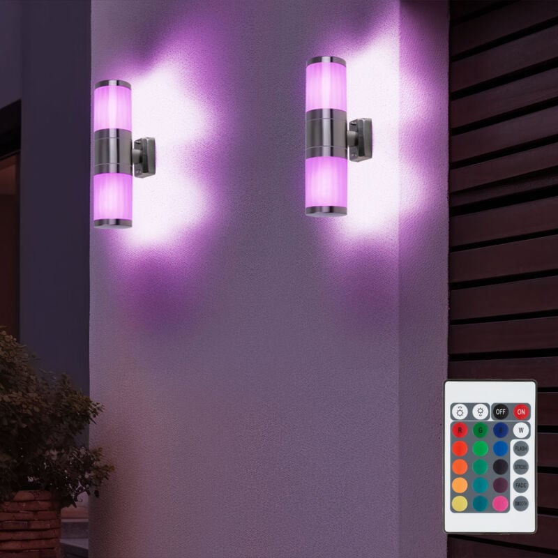 foto del prodotto set di 2 applique da esterno led up down rgb dimmerabili telecomando lampade da giardino in acciaio inox per balcone