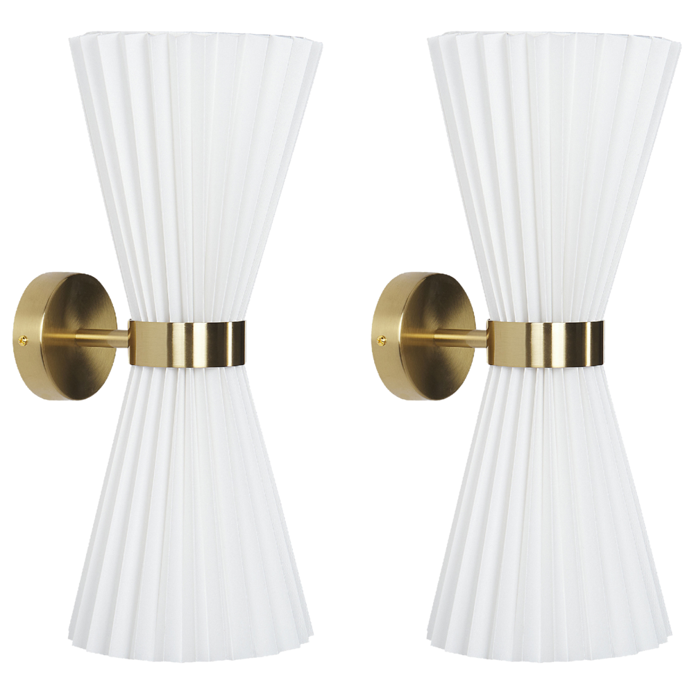foto del prodotto set di 2 applique da parete moderna con paralume in tessuto e struttura in ottone e metallo bianco camera da letto soggiorno elegante