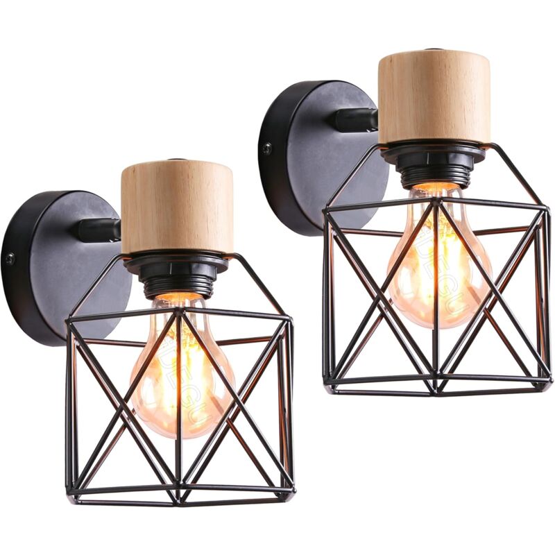 foto del prodotto set di 2 applique industriali lampada da parete in legno design gabbia metallica decorazione regolabile illuminazione interna vintage per camera da