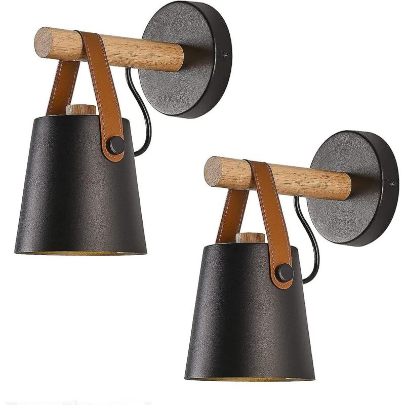 foto del prodotto set di 2 applique moderne e27 in stile metallo ferro battuto con cintura in legno, illuminazione industriale pr senza lampadina nero