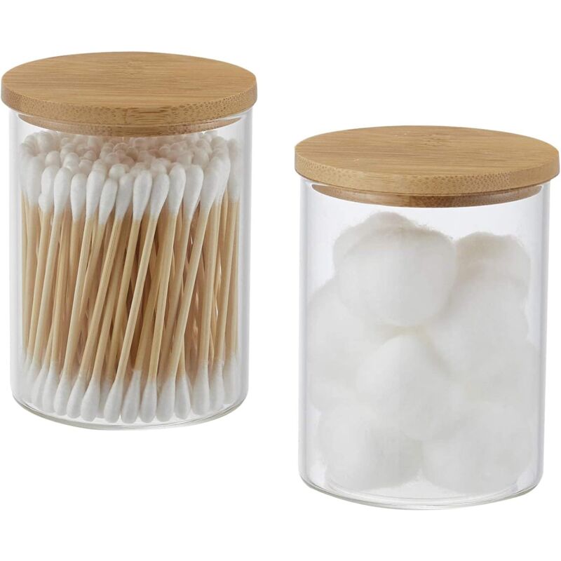 foto del prodotto set di 2 barattoli in vetro con coperchi in bamb , dischetto di cotone rotondo per riporre gli accessori da bagno, arredo bagno in stile rustico,