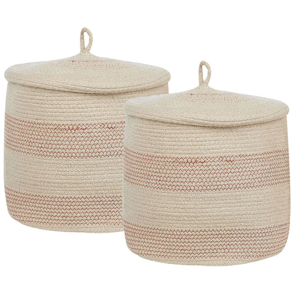 foto del prodotto set di 2 cestini beige chiaro con tessuto di cotone a righe rosa con coperchio boho accessori per la conservazione