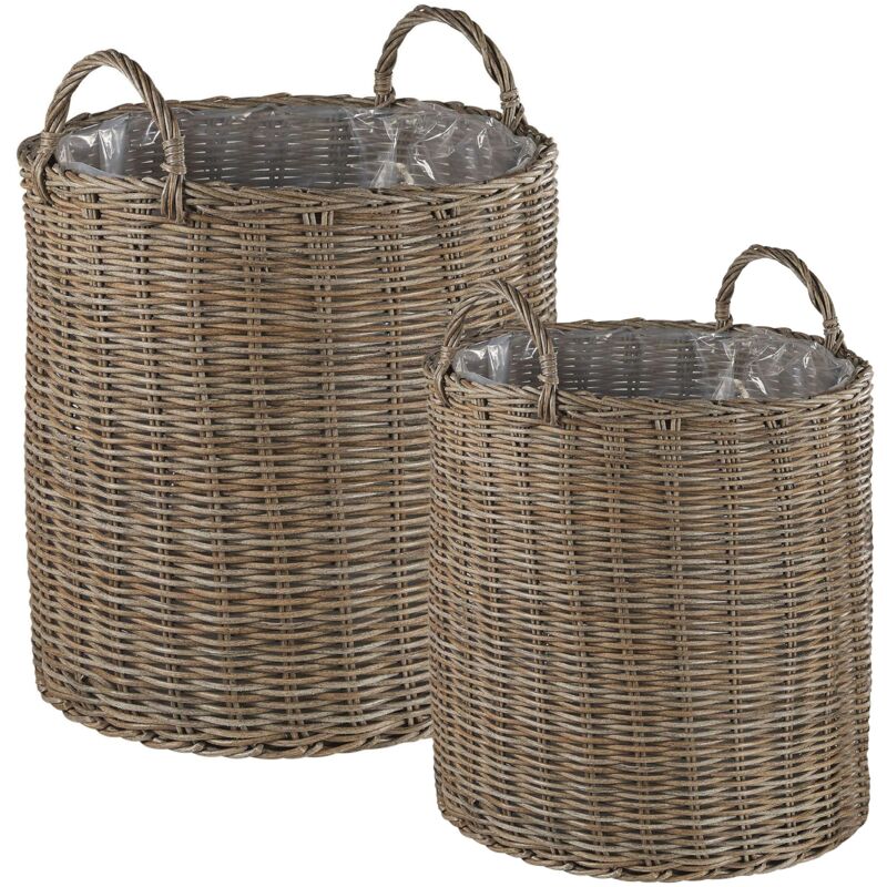 foto del prodotto set di 2 cestini per piante rotondi in rattan beige sabbia con manici bitola