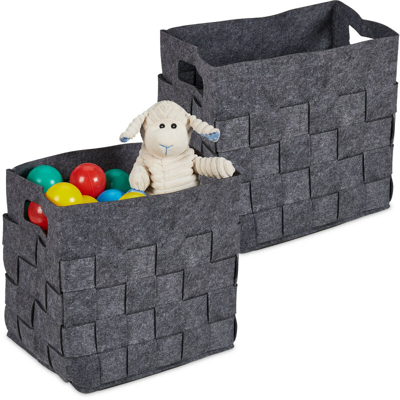 foto del prodotto set di 2 cestini portaoggetti, box pieghevole per scaffale, scatole giocattoli, 30x30x24 cm, in feltro, grigio relaxdays