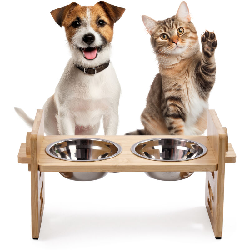 foto del prodotto set di 2 ciotole in legno per cani e gatti regolabili in altezza