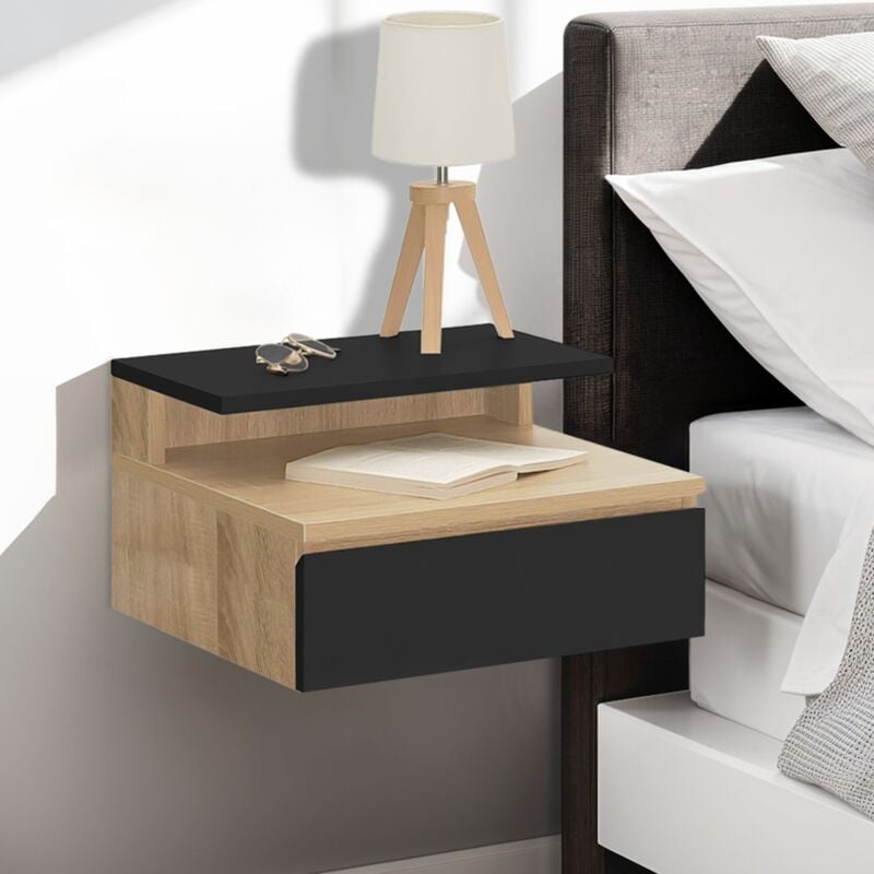 foto del prodotto set di 2 comodini a parete tomi con mensole sospese 1 mensola in legno effetto faggio e cassetto nero