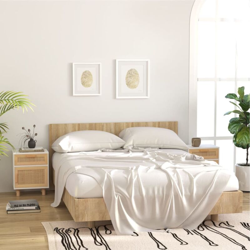 foto del prodotto set di 2 comodini da camera da letto,tavolini bianchi legno massello di pino e rattan naturale mn17760 bianco