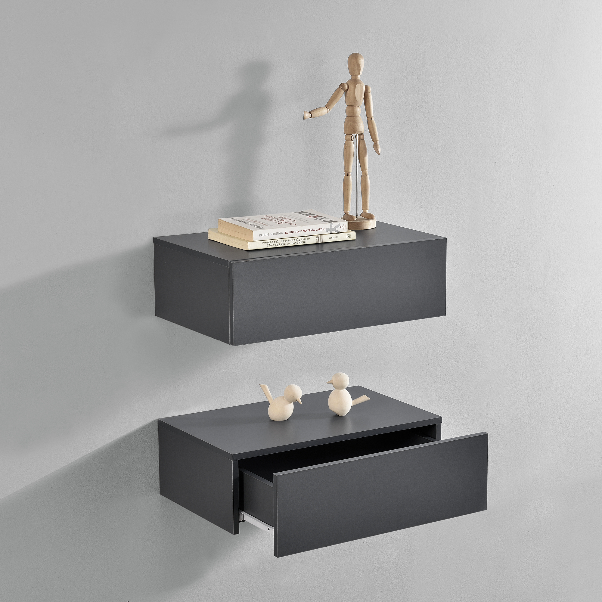 foto del prodotto set di 2 comodini da parete con cassetto 46x30x15 cm grigio scuro en.casa
