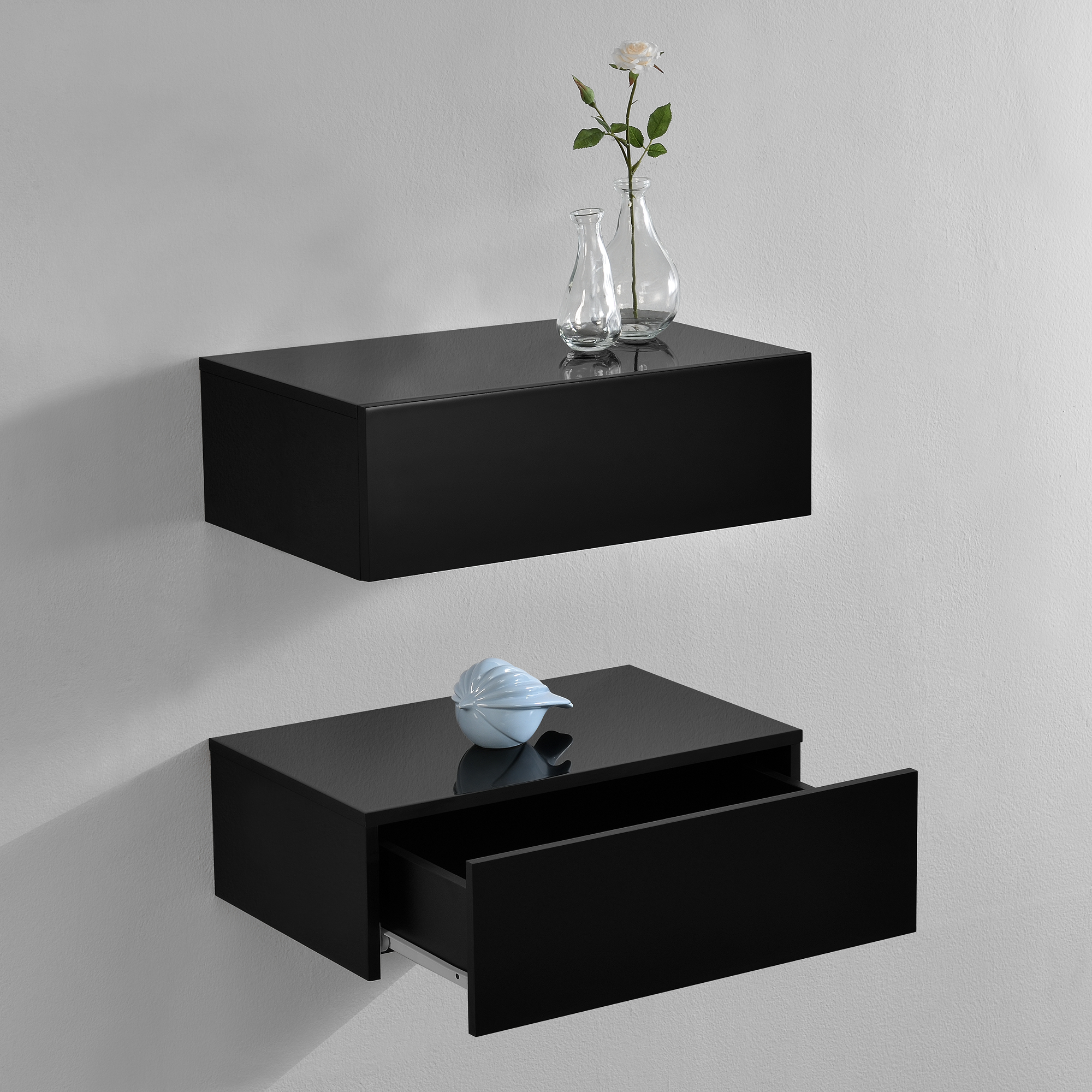 foto del prodotto set di 2 comodini da parete con cassetto 46x30x15 cm nero lucido en.casa 