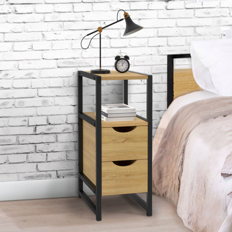 foto del prodotto set di 2 comodini detroit, 2 cassetti e 1 nicchia, legno e metallo nero, design industriale