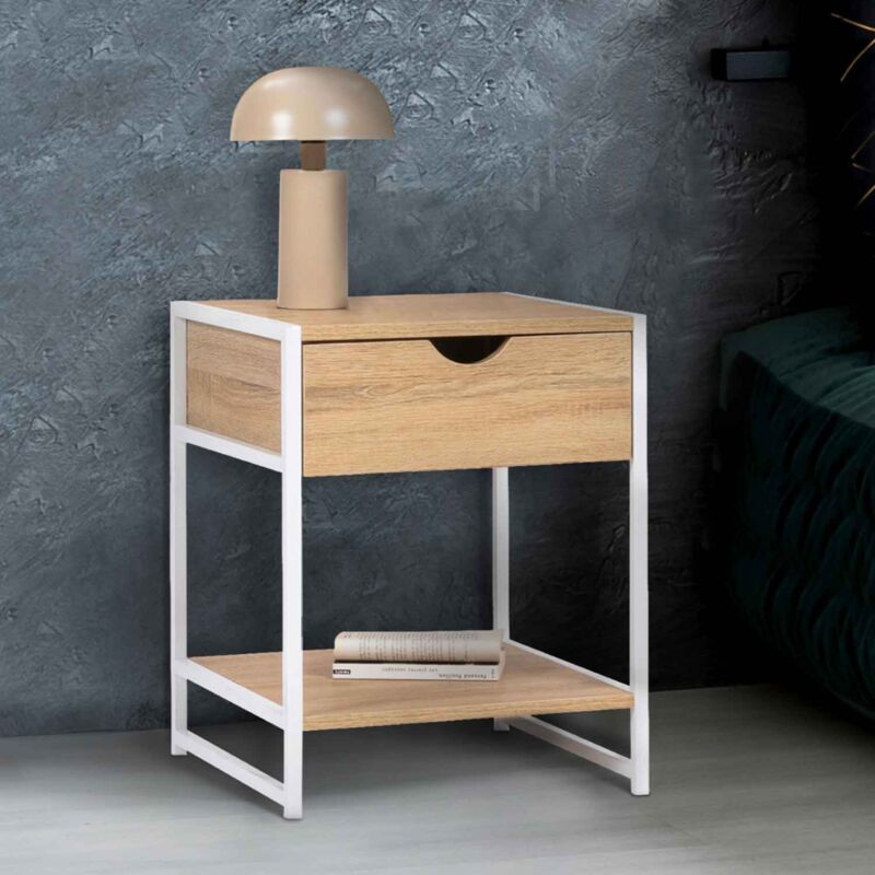 foto del prodotto set di 2 comodini detroit, design industriale, legno e metallo bianco