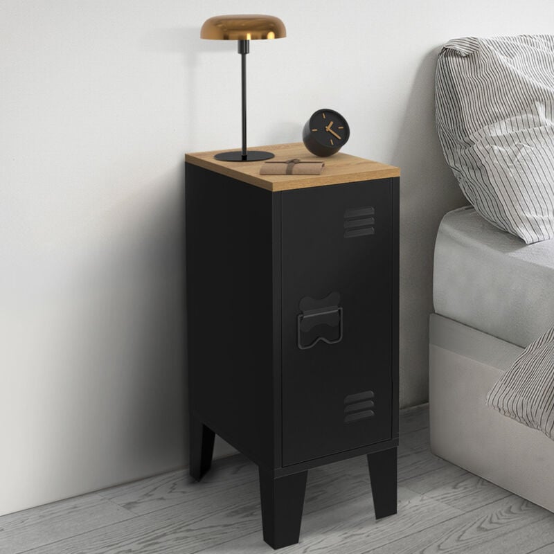 foto del prodotto set di 2 comodini ester a 1 anta in metallo nero con piano in faggio in stile industriale