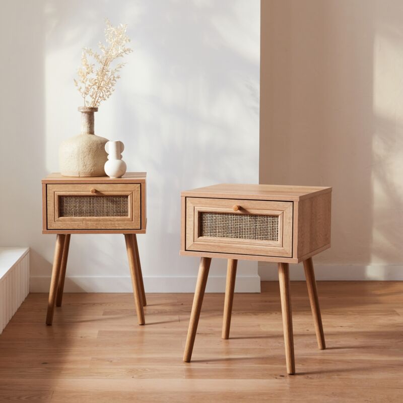 foto del prodotto set di 2 comodini in legno e cannage