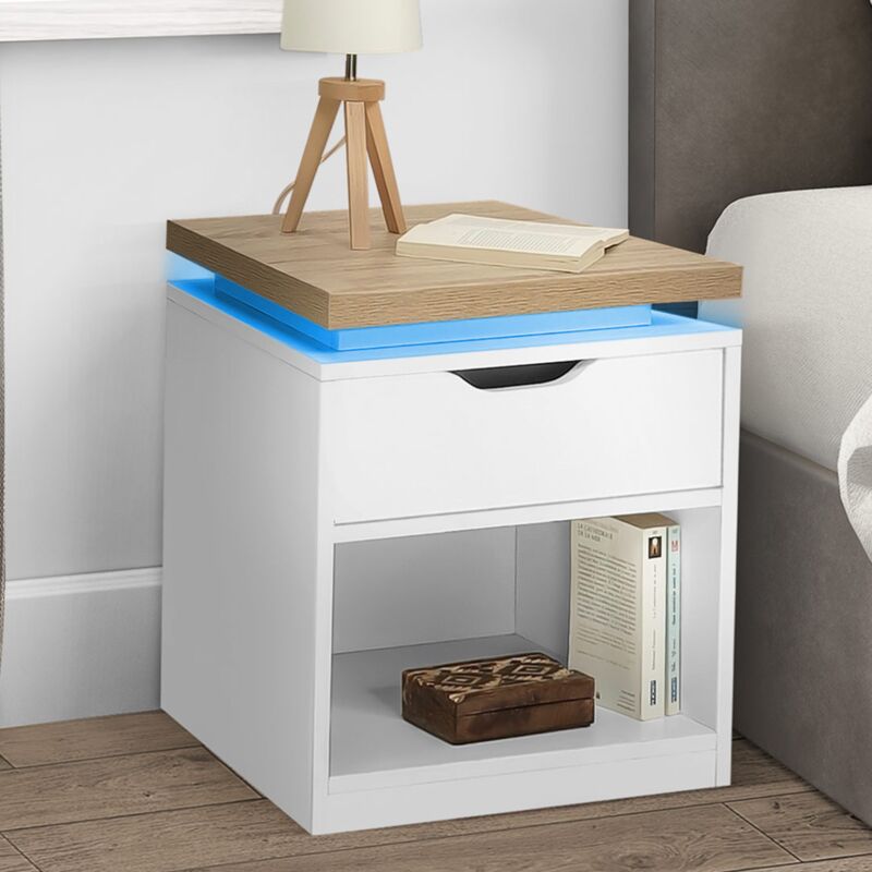 foto del prodotto set di 2 comodini luna led con 1 cassetto bianco e piano effetto legno