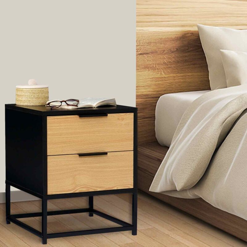 foto del prodotto set di 2 comodini nevada, 2 cassetti, design industriale, nero e legno