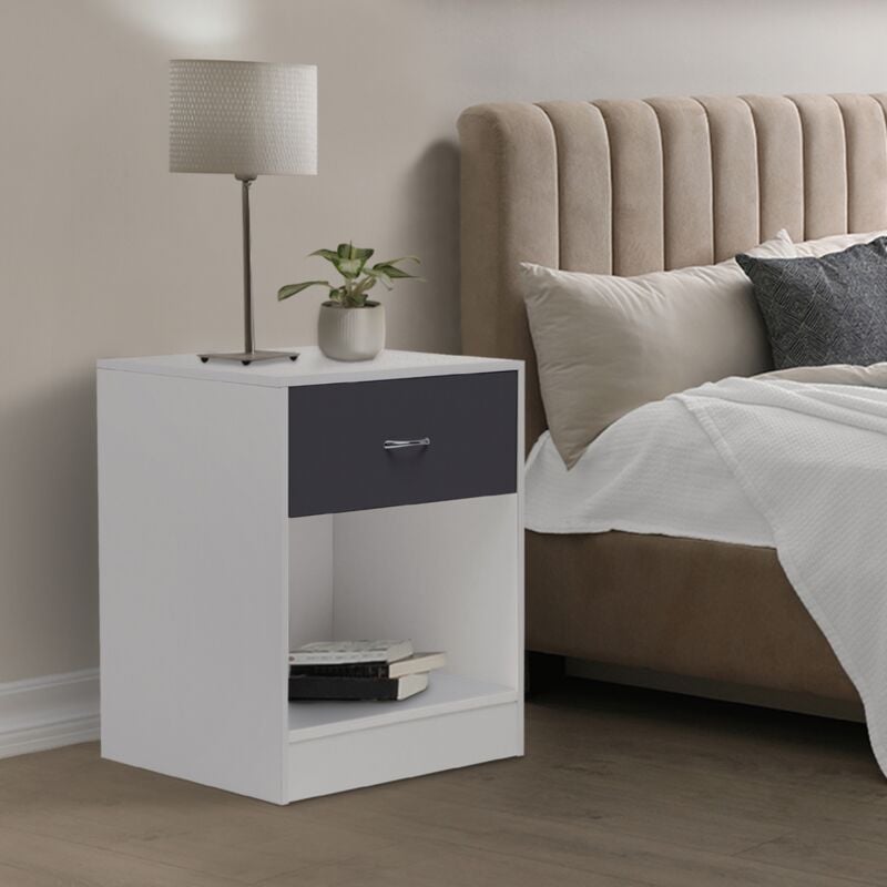 foto del prodotto set di 2 comodini olga, legno bianco e cassetto grigio