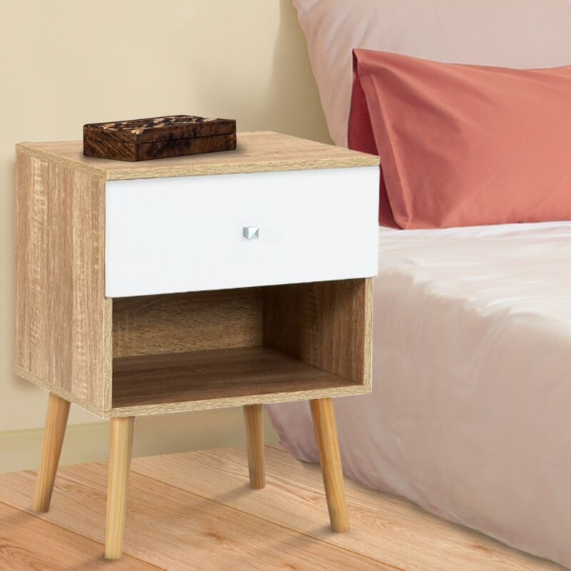 foto del prodotto set di 2 comodini scandinavi a 1 cassetto emmie in faggio e bianco
