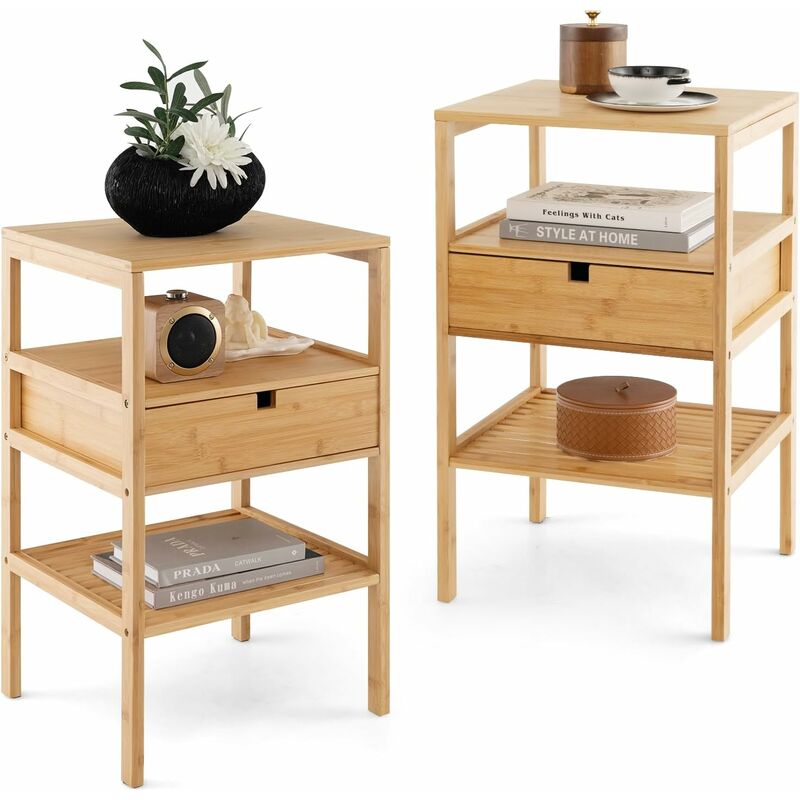 foto del prodotto set di 2 comodino in bamb , con 2 ripiani aperti e 1 cassetto, 2 tavolino moderno per camera da letto, soggiorno e studio, 40 40 68cm, naturale