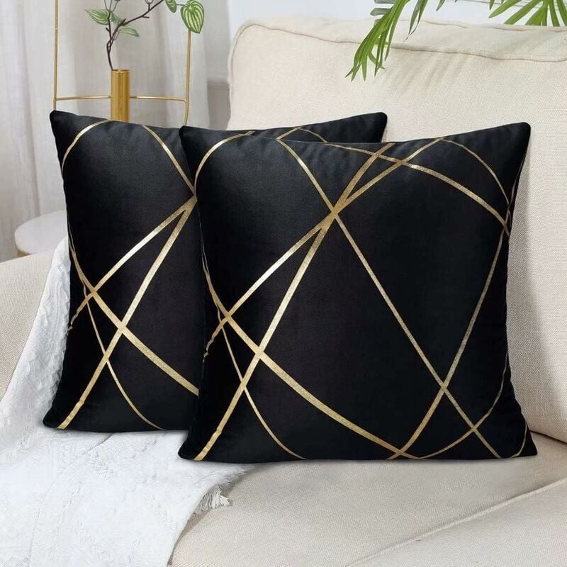 foto del prodotto set di 2 copricuscini in velluto per divano nero senza cuscino 45 x 45 cm, cuscini decorativi, linee dorate, cuscini geometrici, copricuscini per