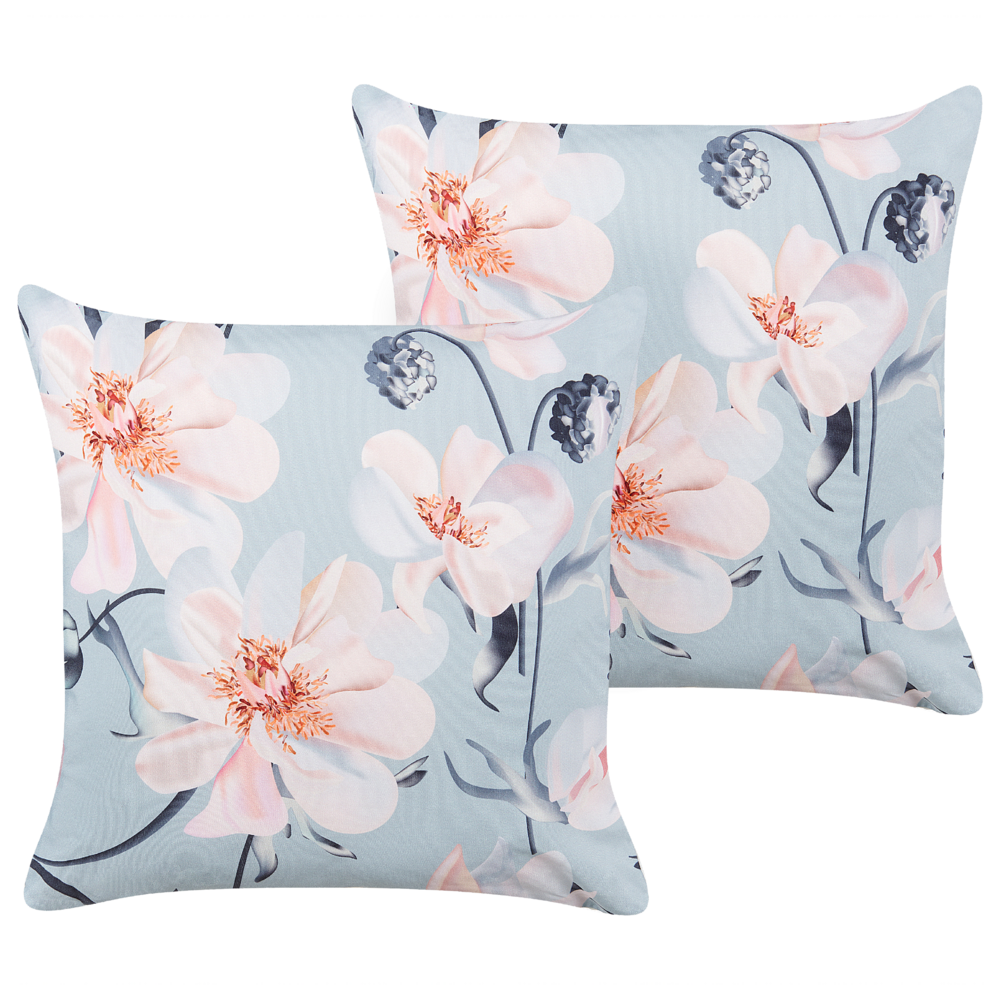 foto del prodotto set di 2 cuscini da esterno in tessuto di poliestere blu con motivo floreale 45 x 45 cm giardino terrazzo eleganti