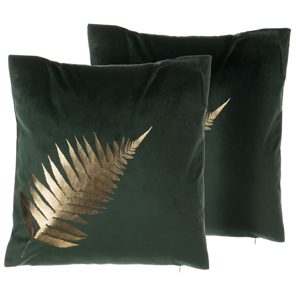 foto del prodotto set di 2 cuscini decorativi con motivo foglia di velluto verde 45 x 45 cm accessori decorativi con stampa in lamina dorato