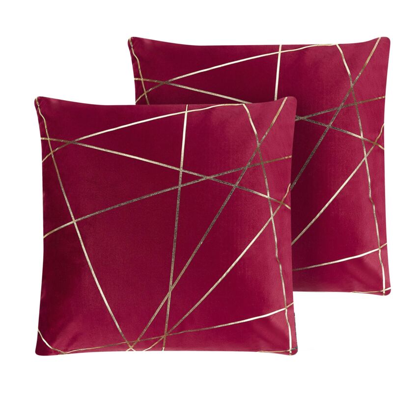 foto del prodotto set di 2 cuscini decorativi con motivo geometrico dorato 45 x 45 cm velluto rosso