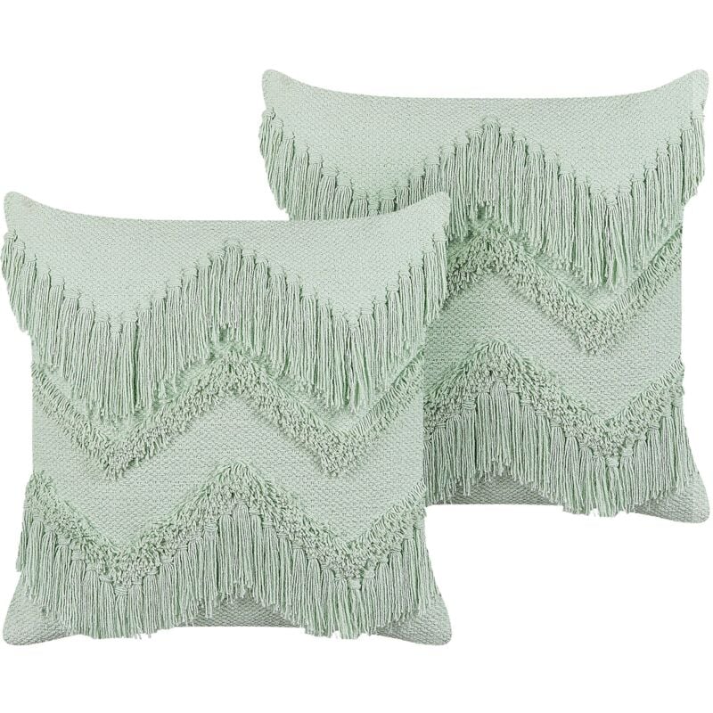 foto del prodotto set di 2 cuscini decorativi in cotone con frange 45 x 45 cm verde chiaro bacopa
