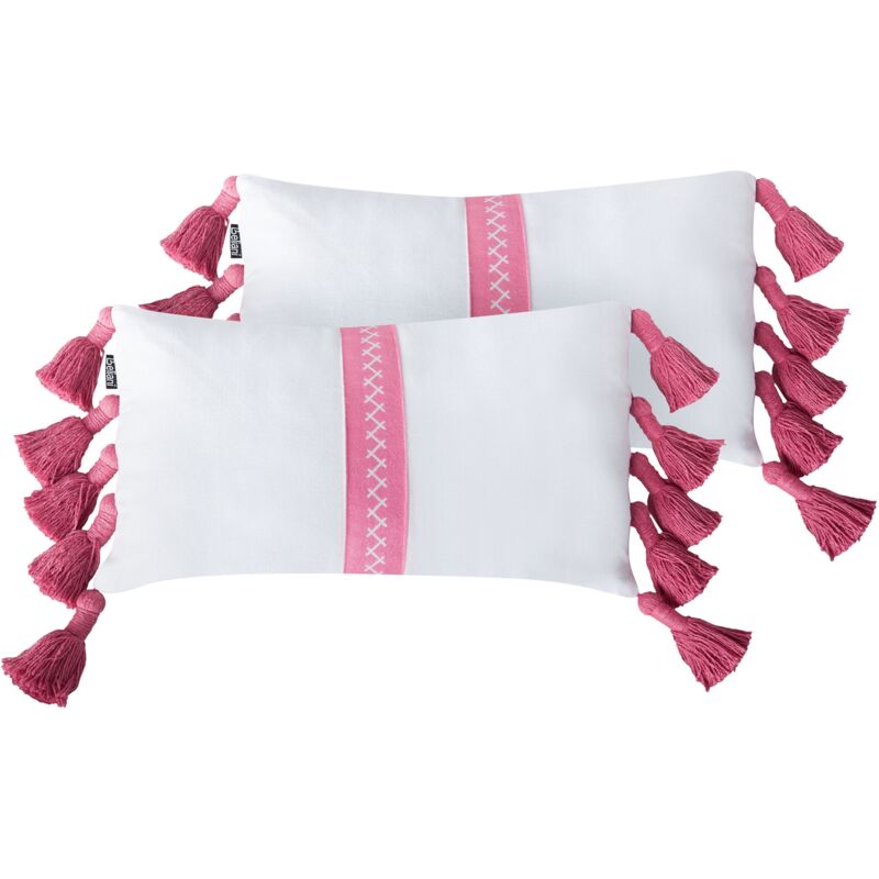 foto del prodotto set di 2 cuscini decorativi in cotone con frange rosa rettangolari 30 x 50 cm bianco e rosa.