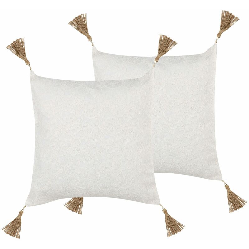 foto del prodotto set di 2 cuscini decorativi pizzo bianco motivo floreale e nappe 45 x 45 cm azalea